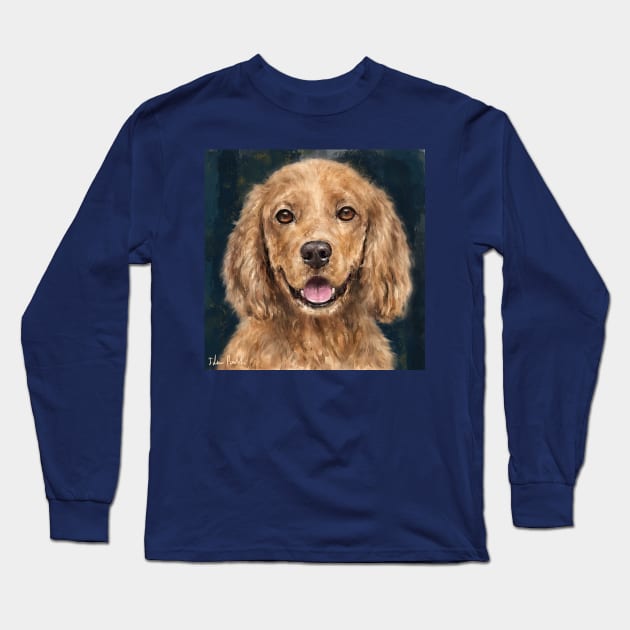 Painting of a Red Curly Cocker Spaniel Smiling Long Sleeve T-Shirt by ibadishi